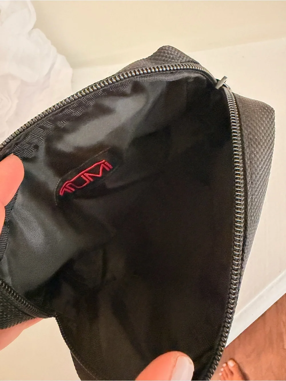 Tumi Black Textured Nylon Toiletry Kit with Red Logo